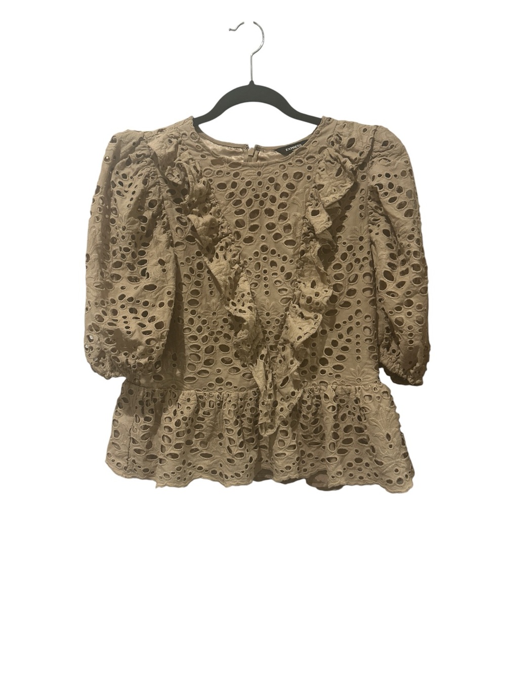 Express Tan Eyelet Ruffle Peplum Blouse